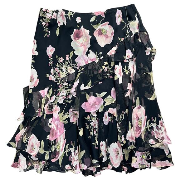 90s Lauren Ralph Lauren Silk Chiffon Asymmetrical Floral Midi Skirt Womens Large - Picture 1 of 4
